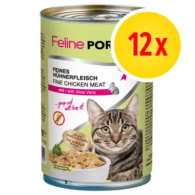 Feline Porta 21 kissanruoka, hienoa kananlihaa aloe veralla, ei lisättyä sokeria. Pakkaus sisältää 12 tölkkiä. Englanninkielinen teksti näkyvissä.