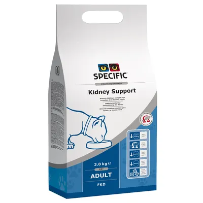 Опаковка SPECIFIC Kidney Support за котки, 3,0 кг, ADULT FKD. Видим текст: Veterinary exclusive, икони с информация за продукта.