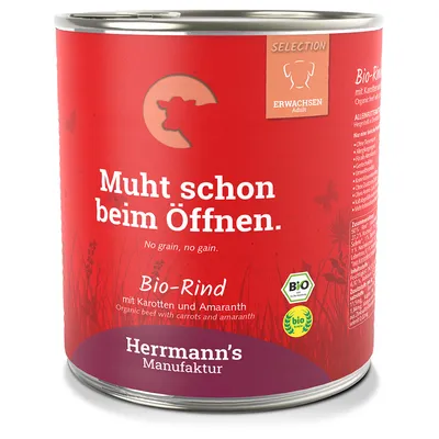 Herrmann's Manufaktur Bio-Rind con carote e amaranto, testo visibile: Muht schon beim Öffnen, No grain no gain, adulto, certificazione bio, etichetta Selection.