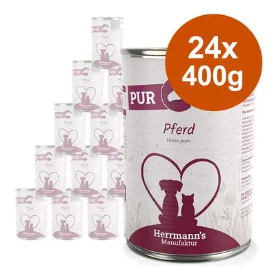 Herrmann's Manufaktur PUR Pferd, 24 blikken à 400g. Paard puur. Afbeelding van hond en kat in hartvorm op het etiket. Productnaam en hoeveelheid duidelijk zichtbaar.