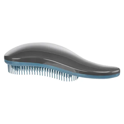 Graue und blaue Bürste mit ergonomischem Design und feinen Borsten, geeignet für Fellpflege.