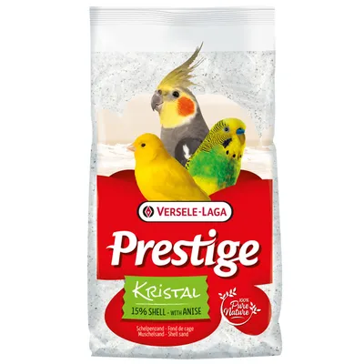 Versele-Laga Prestige Kristal, 15% shell with anise, fond de cage pour oiseaux, 100% Pure Nature. Trois oiseaux illustrés sur l’emballage.