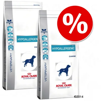 Dve vreči Royal Canin Veterinary Diet Hypoallergenic Canine, modra silhueta psa, velik rdeč simbol za odstotek popusta. Dve vreči Royal Canin Veterinary Diet Hypoallergenic Canine, modra silhueta psa, velik rdeč simbol za odstotek popusta.
