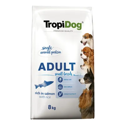 TropiDog Adult Small Breeds, protein animal unic, bogat în somon cu orez, 8 kg. Caracteristici: îngrijire dentară, complex pentru piele, rezistență și vitalitate.
