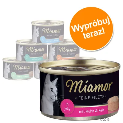 Miamor Feine Filets In Jelly mit Huhn & Reis, puszka karmy dla kota. W tle inne warianty smakowe. Pomarańczowe koło z napisem: Wypróbuj teraz!