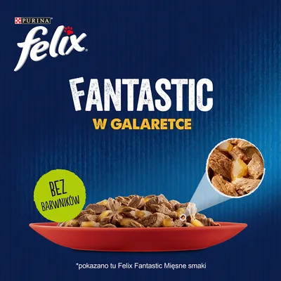 Purina Felix Fantastic w galaretce, bez barwników. Pokazano porcję karmy na czerwonym talerzu oraz zbliżenie kawałków mięsa w galaretce.
