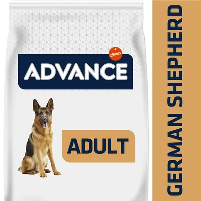 ADVANCE affinity ADULT GERMAN SHEPHERD hondenvoerzak met afbeelding van een Duitse herder. Alle tekst zichtbaar op de verpakking is weergegeven. ADVANCE affinity ADULT GERMAN SHEPHERD hondenvoerzak met afbeelding van een Duitse herder. Alle tekst zichtbaar op de verpakking is weergegeven.