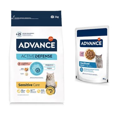 Advance Active Defense kattmat för vuxna, 1–10 år, med kyckling, prebiotika, fibrer, vegetabiliska proteiner, utan konstgjorda konserveringsmedel. Förpackningsstorlek: 3 kg.