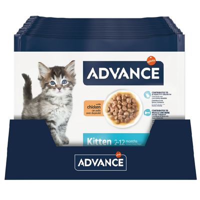 Advance Kitten 2-12 miesięcy z kurczakiem. Wspiera zdrowy wzrost, mięśnie i kości. Opakowanie przedstawia karmę dla kotów i kociaka.