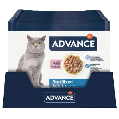 Advance Sterilized Adult 1-10 lat karma dla kotów z indykiem. Wspomaga kontrolę wagi i masę mięśniową. Opakowanie przedstawia szarego kota i miskę z kawałkami karmy.