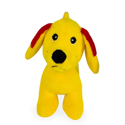 Gult plyschleksak i hundform med röda öron och svart nos.