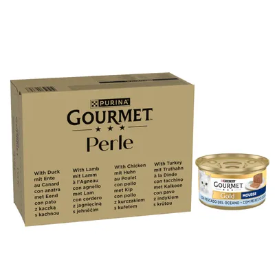 24x85 g gratis! 96x85 g Megapack Gourmet Perle + gratis 24x85g Gourmet Gold hrană umedă pisici - Perle 96 x 85 g Rață, miel, pui, curcan (în sos) +  Gold Mousse Pește oceanic 24 x 85 g 