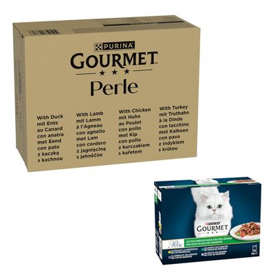 Emballage Purina Gourmet Perle, 96 x 85 g, variétés visibles : saumon et poisson blanc, sardine et thon, saumon et colin, poisson de l’océan et thon. Poids net 8160 g.