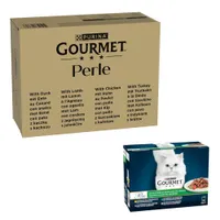 96 x 85 g Jumbopack Gourmet + 24 x 85 g passendes Nassfutter gratis! - 96 x 85 g Perle: Ente, Lamm, Huhn, Truthahn in Sauce  + 24 x 85 g Perle Gemischte Auswahl: Erlesene Streifen mit Gemüse 