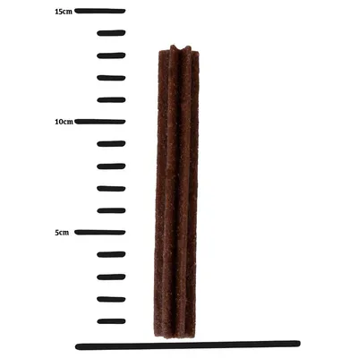 Brauner Snackstab mit einer Länge von ca. 15 cm, dargestellt neben einer Massskala in Zentimetern. Brauner Snackstab mit einer Länge von ca. 15 cm, dargestellt neben einer Massskala in Zentimetern.