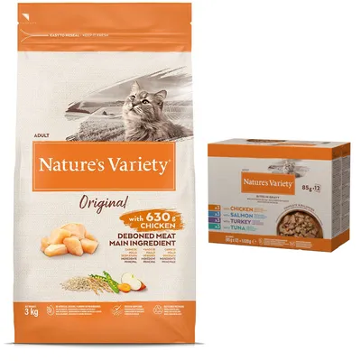 Nature's Variety Dry Cat Food +12x85g Nature's Variety Wet Cat Food Free! * - Healthy Grains Adult Chicken (3kg) + Bites in Gravy Mixed Pack (4 Varieties) (12 x 85g)