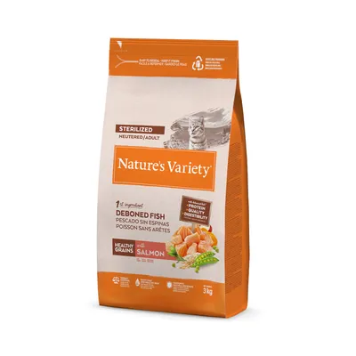 Nature's Variety cibo per gatti sterilizzati adulti, ingrediente principale pesce senza lische con salmone e cereali sani. Confezione da 3 kg, facile da richiudere.