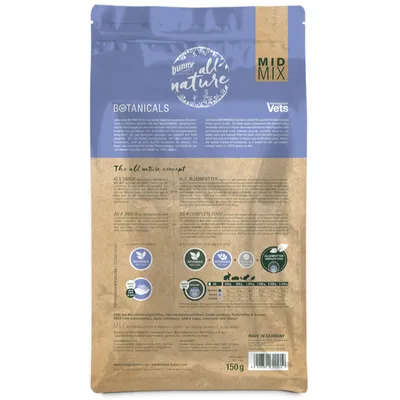 Embalagem de 150 g de Bunny Nature Botanicals MID MIX, informações em inglês e alemão, gráficos sobre utilização como snack ou alimento completo, fabricado na Alemanha. Embalagem de 150 g de Bunny Nature Botanicals MID MIX, informações em inglês e alemão, gráficos sobre utilização como snack ou alimento completo, fabricado na Alemanha.