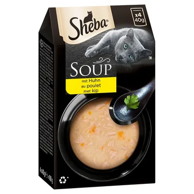 Sheba Soup -kissanruoka, kanaa. Pakkaus sisältää 4 x 40 g annospussia. Tekstit: mit Huhn, au poulet, met kip. Kuvassa kulhollinen keittomaista ruokaa ja lusikka.