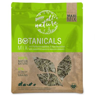 Opakowanie Bunny Nature Botanicals Mix z liśćmi mięty i kwiatami rumianku, 100% natury, 0% zbóż, dla królików miniaturowych, świnek morskich, szynszyli i koszatniczek. Produkt wegański.