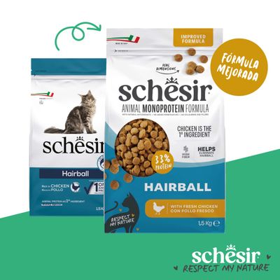 Schesir Hairball Animal Monoprotein Formula, 1,5 kg, con pollo fresco, 33% de proteína, alto contenido en fibra, ayuda con las bolas de pelo, fórmula mejorada, hecho en Italia.