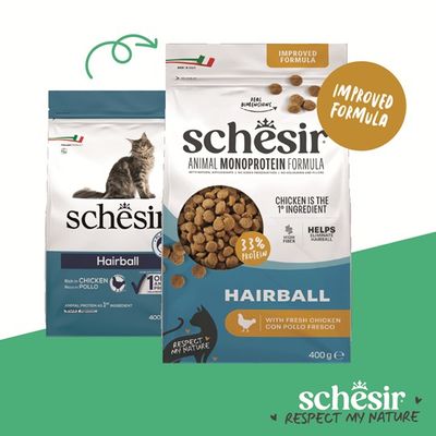 Schesir Hairball Animal Monoprotein Formula, förbättrad recept, 33 % protein, kyckling som huvudingrediens, hjälper mot hårbollar, 400 g påse med färsk kyckling.