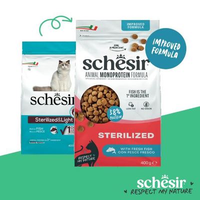 Schesir Animal Monoprotein Formula Sterilized med färsk fisk, 38 % protein, låg fetthalt, spannmålsfri, förbättrad innehåll, 400 g. Fisk är den första ingrediensen.