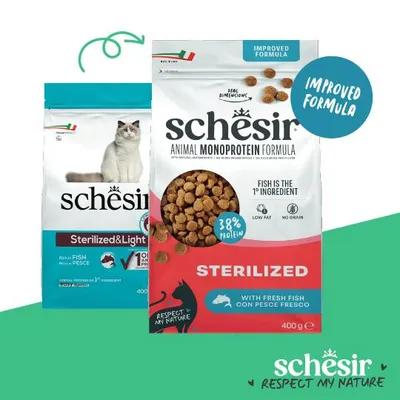 Schesir Animal Monoprotein Formula Sterilized med färsk fisk, 38 % protein, låg fetthalt, spannmålsfri, förbättrad innehåll, 400 g. Fisk är den första ingrediensen.