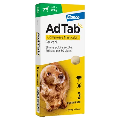 Elanco AdTab compresse masticabili per cani 11-22 kg - 3 compresse (450 mg) Elanco AdTab compresse masticabili per cani 11-22 kg - 3 compresse (450 mg)