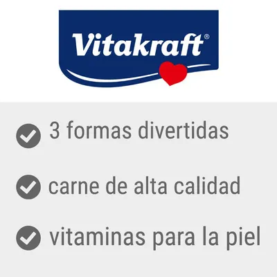 Vitakraft. 3 formas divertidas, carne de alta calidad, vitaminas para la piel.
