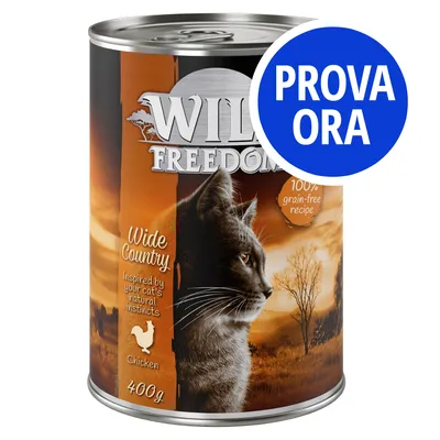 Wild Freedom Wide Country Chicken 400 g, ricetta senza cereali. Testo blu: PROVA ORA.