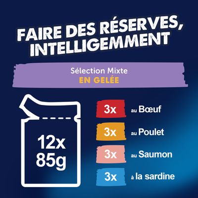 Sélection Mixte en Gelée : 12 x 85 g, 3 x avec bœuf, poulet, saumon et sardine chacun.