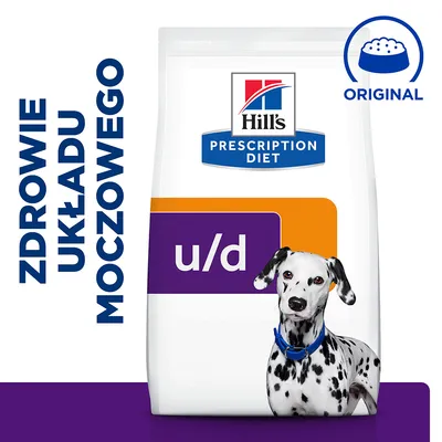 Hill's Prescription Diet u/d, zdrowie układu moczowego, opakowanie z dalmatyńczykiem, oznaczenie Original w prawym górnym rogu