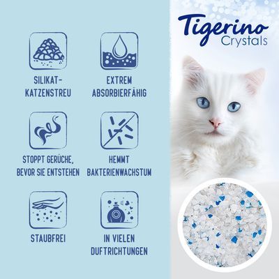 Tigerino Crystals Silikat-Katzenstreu: extrem absorbierfähig, stoppt Gerüche bevor sie entstehen, hemmt Bakterienwachstum, staubfrei, in vielen Duftrichtungen.