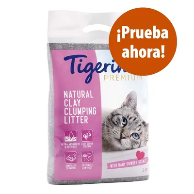 Tigerino Premium Natural Clay Clumping Litter, ultra absorbent, fast odour control, immediate clumping, extremely low-dust, con aroma a talco para bebé, 6 kg. ¡Prueba ahora!
