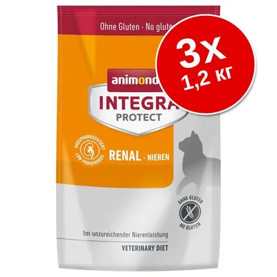 Animonda Integra Protect Renal суха храна за котки, 3 x 1,2 кг, без глутен, ниско съдържание на фосфор. Видима сянка на котка и надпис VETERINARY DIET.