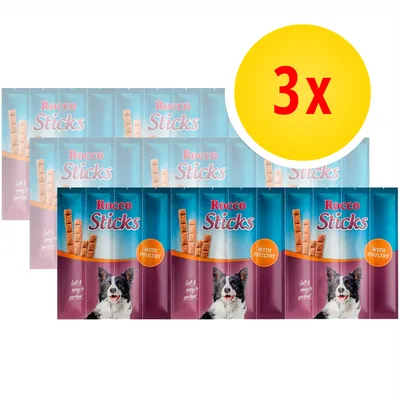 Multipack Rocco Sticks with Poultry, confezioni con immagine di cane e bastoncini, scritta '3x' in cerchio giallo. Testo visibile: 'Soft & easy to portion', 'WITH POULTRY'.