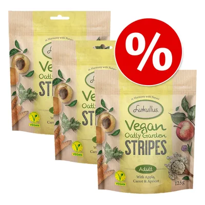 Lukullus Vegan Oatly Garden Stripes, Adult, met appel, wortel en abrikoos, 125g. Vegan-keurmerk zichtbaar. Rood kortingssymbool met procentteken.