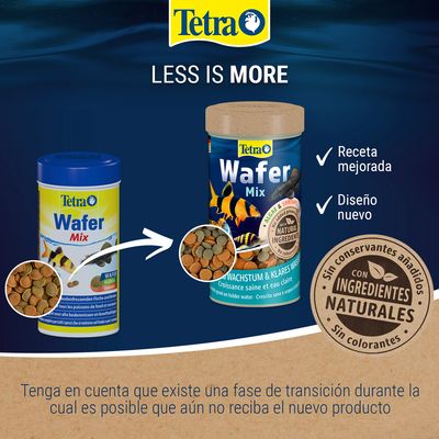Comparativa de envases antiguos y nuevos de Tetra Wafer Mix. Texto: Receta mejorada, diseño nuevo, sin conservantes añadidos, con ingredientes naturales, sin colorantes.