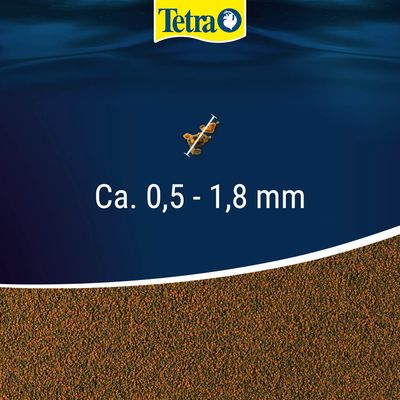 Tetra. Korrelgrootte ca. 0,5 tot 1,8 mm, afgebeelde bruine voederkorrels.