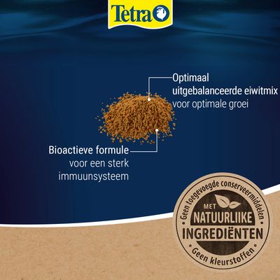 Tetra. Bioactieve formule voor een sterk immuunsysteem, optimaal uitgebalanceerde eiwitmix voor optimale groei, met natuurlijke ingrediënten, zonder toegevoegde conserveermiddelen en kleurstoffen.