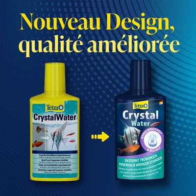 Tetra CrystalWater ancien et nouveau design de bouteille en comparaison. Texte : Nouveau design, qualité améliorée. Le nouveau design élimine les troubles en quelques heures.