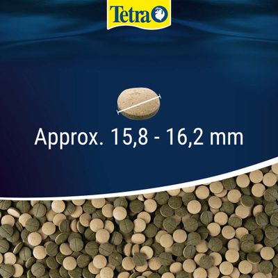 Tabletki Tetra o średnicy ok. 15,8 do 16,2 mm, widoczne zdjęcie produktu oraz informacja o rozmiarze.