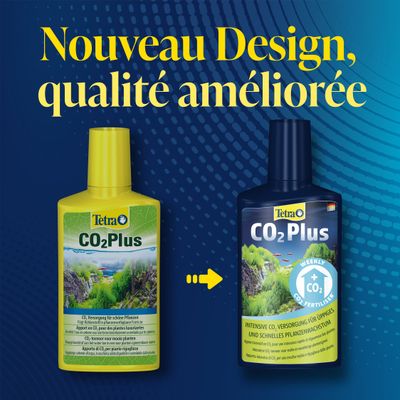 Tetra CO2 Plus bouteille dans l'ancien et le nouveau design. Texte : Nouveau design, qualité améliorée. Nouvel emballage avec indication d'un apport intensif en CO2 pour une croissance luxuriante des plantes.