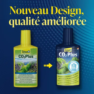 Tetra CO2 Plus bouteille dans l'ancien et le nouveau design. Texte : Nouveau design, qualité améliorée. Nouvel emballage avec indication d'un apport intensif en CO2 pour une croissance luxuriante des plantes.