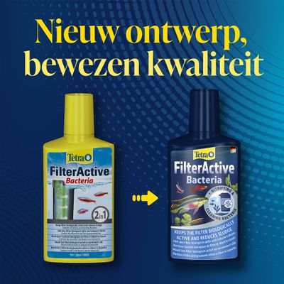 Tetra FilterActive Bacteriën: Vergelijk oud en nieuw flesdesign, tekst 'Nieuw ontwerp, bewezen kwaliteit', biologisch actieve filterbacteriën voor aquaria.