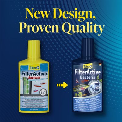 Tetra FilterActive Bacteria: Comparison of old and new bottle design, same proven quality. Text: New Design, Proven Quality.