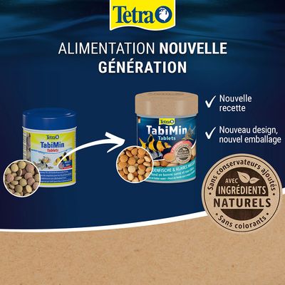 Tetra TabiMin Tablets, alimentation nouvelle génération pour poissons, nouvelle recette, nouveau design et emballage, avec ingrédients naturels, sans conservateurs ajoutés ni colorants.