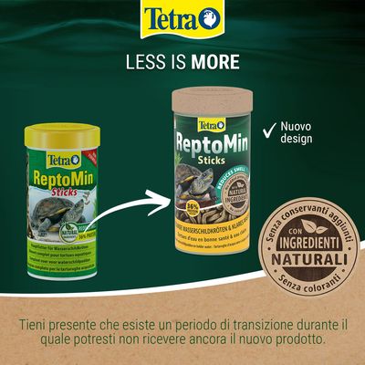 Tetra ReptoMin Sticks, confronto tra vecchio e nuovo design della confezione. Evidenziato: 36% proteine, con ingredienti naturali, senza conservanti aggiunti né coloranti.