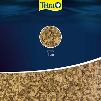 Tetra mangime in fiocchi, vista dettagliata dei fiocchi con scala, taglia 1 cm indicata.